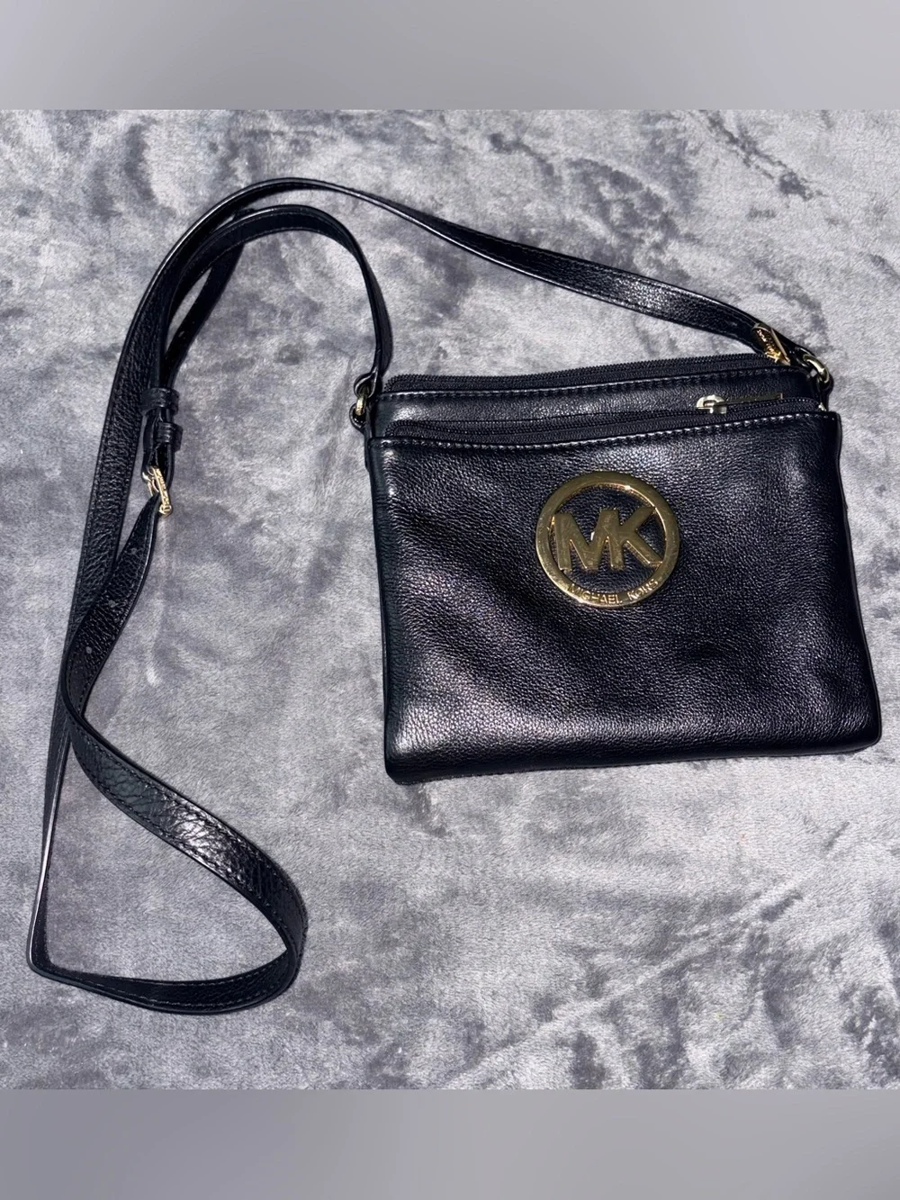 Michael Kors Black Leather Crossbody with Gold Logo Accent